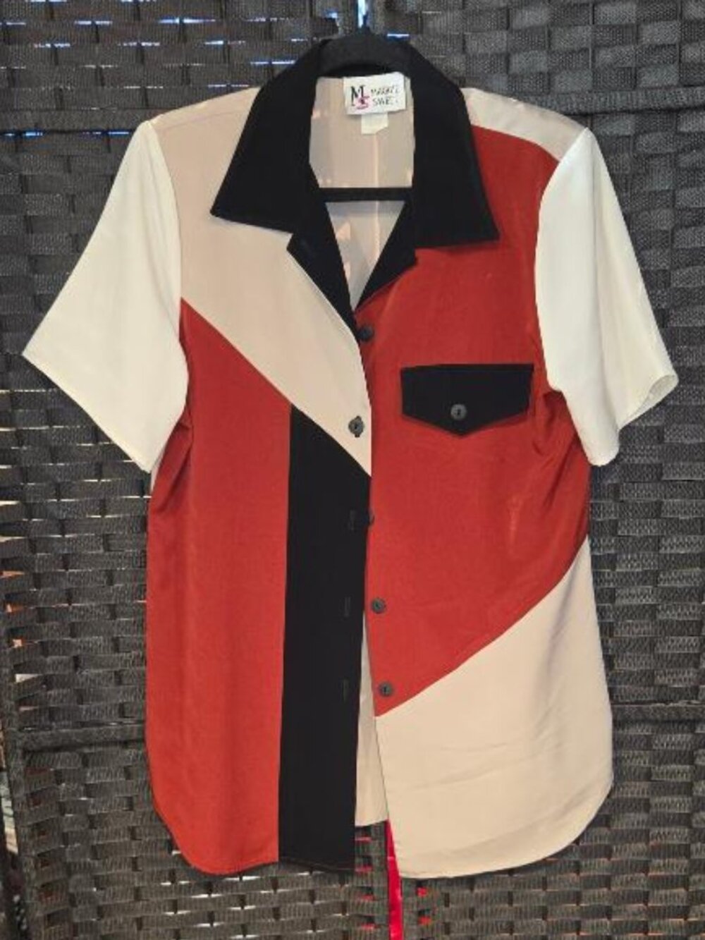 Maggie Sweet Vintage Color Block Short Sleeve Blouse Retro Bowling/Camp Shirt